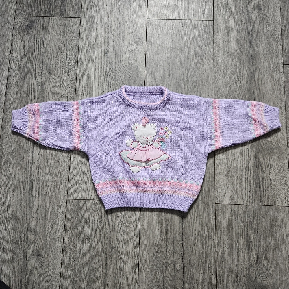 🔴 3/$8 Vintage Knit teddy Bear Embroidered Sweater- 18 months - Purple - Picture 7 of 8